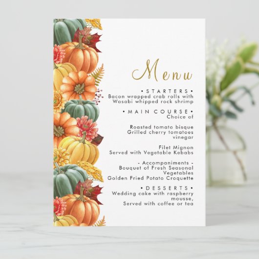 Rustieke Pompoen & Bloemen Bruiloft Menu (Staand voorkant)