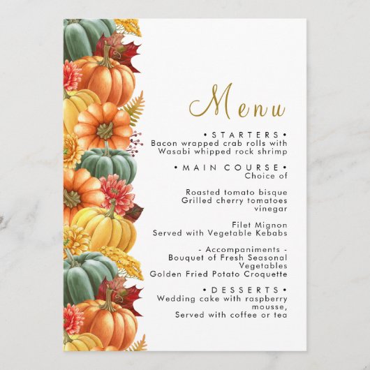 Rustieke Pompoen & Bloemen Bruiloft Menu (Voorkant)