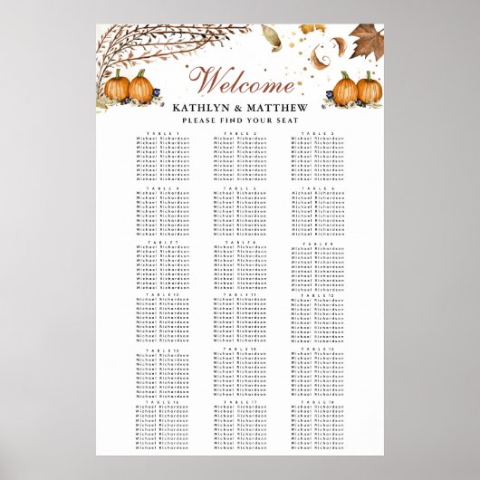 Rustieke Pompoen Botanische Bruiloft 18 Tafel Zitp Poster (Voorkant)