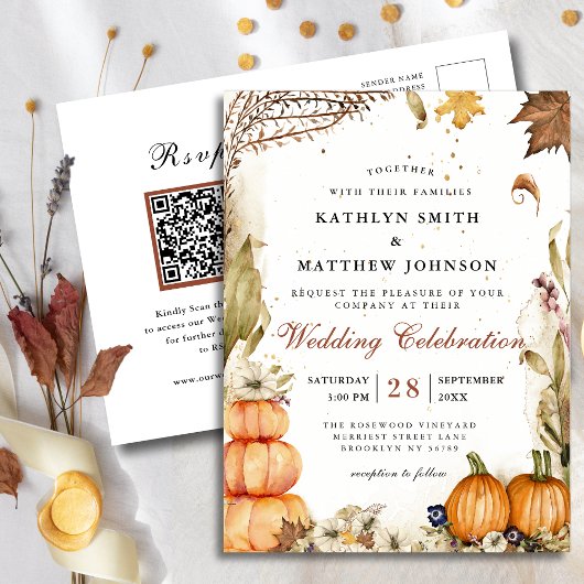 Rustieke Pompoen Botanische Herfst Bruiloft QR cod Uitnodiging Briefkaart