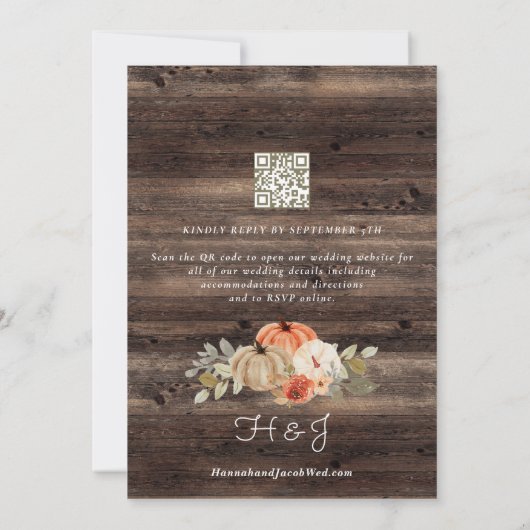 Rustieke Pompoen Herfst Schuur Houten Bruiloft QR  Kaart (Achterkant)