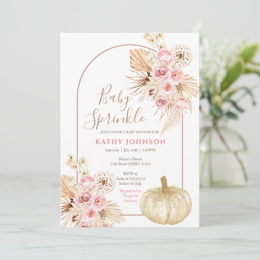 Rustieke Pompoen Pampas Baby Sprinkle Uitnodiging (Staand voorkant)