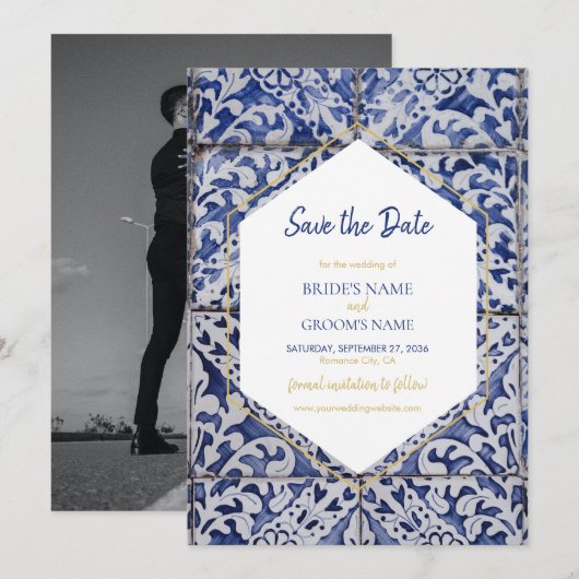 Rustieke Portugese Tegels bruiloft foto Save The Date (Voorkant / Achterkant)