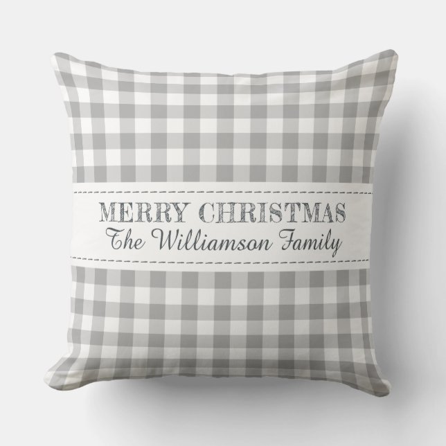 Rustieke Prettig Kerstmis Gingham Monogram Naam Kussen (Voorkant)