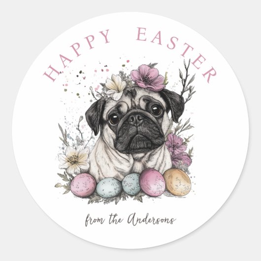 Rustieke pug hond Pasen botanicals Ronde Sticker (Voorkant)