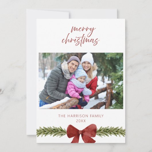 Rustieke Red Bow Familie Foto Kerst Kaart (Voorkant)