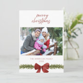 Rustieke Red Bow Familie Foto Kerst Kaart (Staand voorkant)