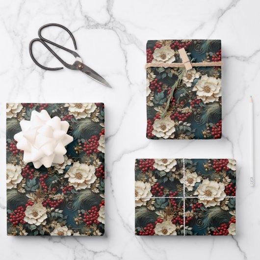 Rustieke  retro 3D kerstpoinsettia Inpakpapier Vel (Voorkant)