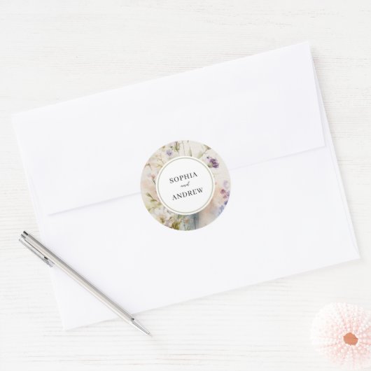Rustieke Retro Waterverf Wildbloemen Bruiloft Ronde Sticker (Envelop)