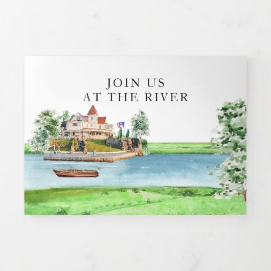 Rustieke rivier Alexandria Bay Bruiloft Drieluik Uitnodiging (Cover)