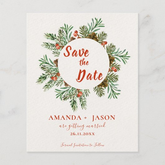 Rustieke rode bessen kerst bruiloft Save the Date (Voorkant)