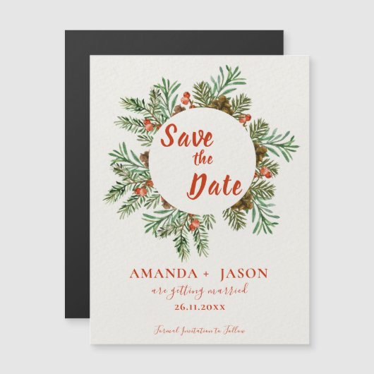 Rustieke rode bessen kerst bruiloft Save the Date (Voorkant / Achterkant)