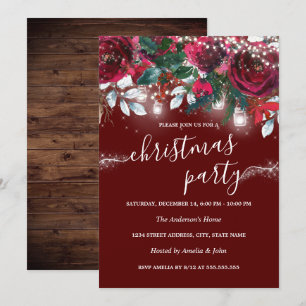 Rustieke Rode Bloemen Sparkle Lights Kerstfeest Kaart