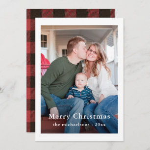 Rustieke rode buffel geruite kerst foto feestdagenkaart