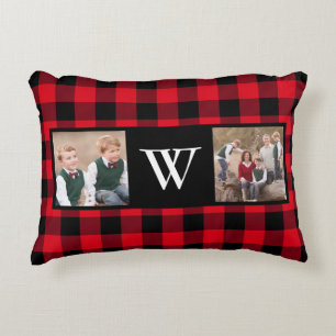 Rustieke Rode Buffel Plaid Fotocollage Monogram Accent Kussen