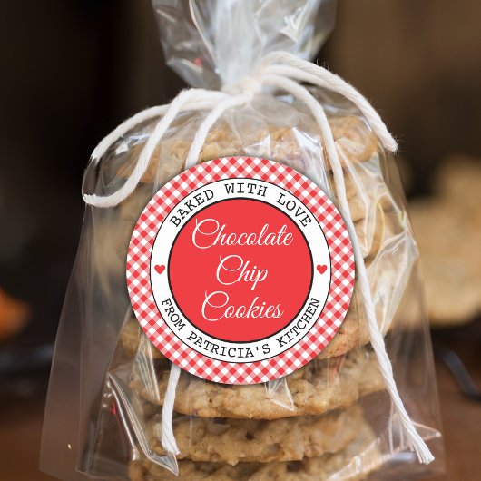 Rustieke rode Gingham Choco koekjes gebakken met l Ronde Sticker