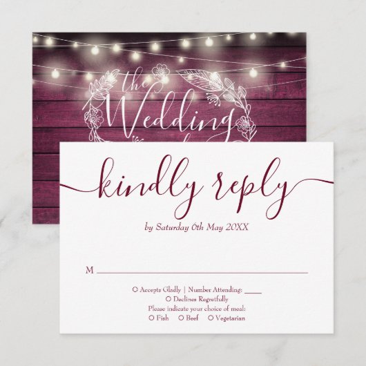 Rustieke rode houten slinger met bloemenslingers RSVP kaartje (Voorkant / Achterkant)