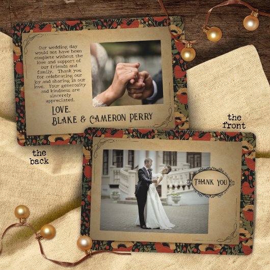 Rustieke rode klaprozen houten bruiloft bedankkaart