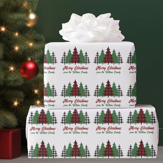 Rustieke Rode Plaid Vrolijke Kerstbomen Gepersonal Cadeaupapier