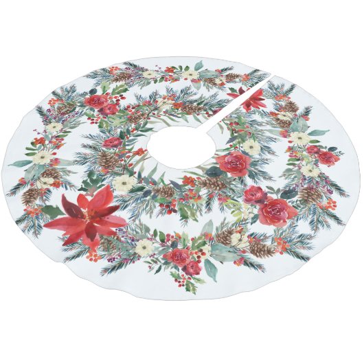 Rustieke rode poinsettia waterverf Kerst wit Kerstboom Rok (Gekanteld)