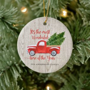 Rustieke rode vrachtwagen kerstboom familie keramisch ornament