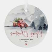 Rustieke rode vrachtwagen Kerstmis gepersonaliseer Glas Ornament (Achterkant)
