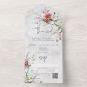 Rustieke rode winterbessen & Boho katoen QR-code All In One Uitnodiging (Binnen)