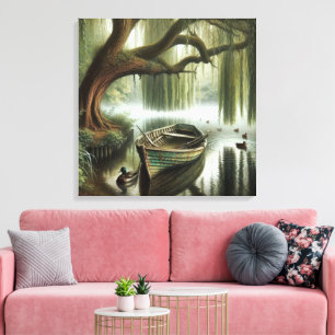 Rustieke roeiboot onder een wilgenboom canvas afdruk