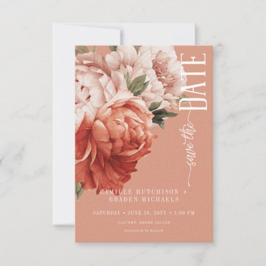  rustieke roest & perzik pioenrozen bruiloft save the date (Voorkant)