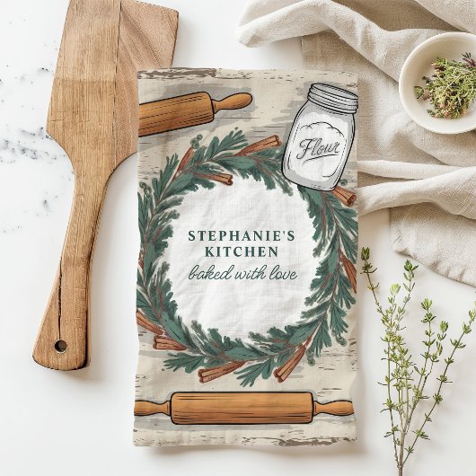 Rustieke Rolling Pin Krans Gepersonaliseerde Kerst Theedoek