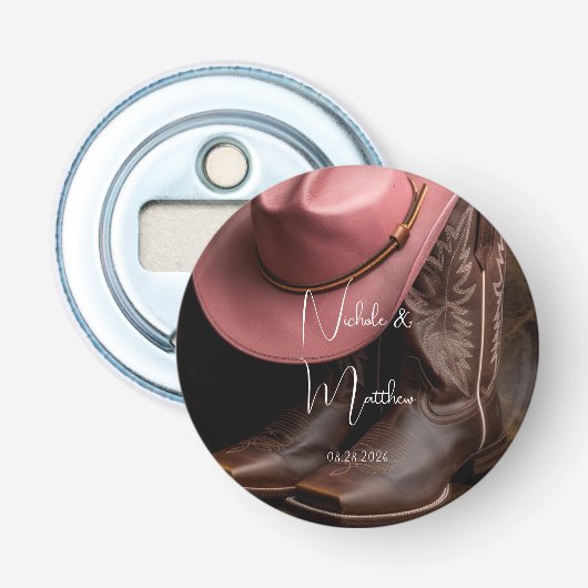 Rustieke Romance huwelijkscadeau Button Flesopener (Voorkant)