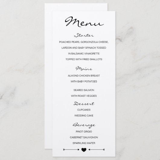 Rustieke romantische bruiloft menu met hart en pij (Voorkant / Achterkant)