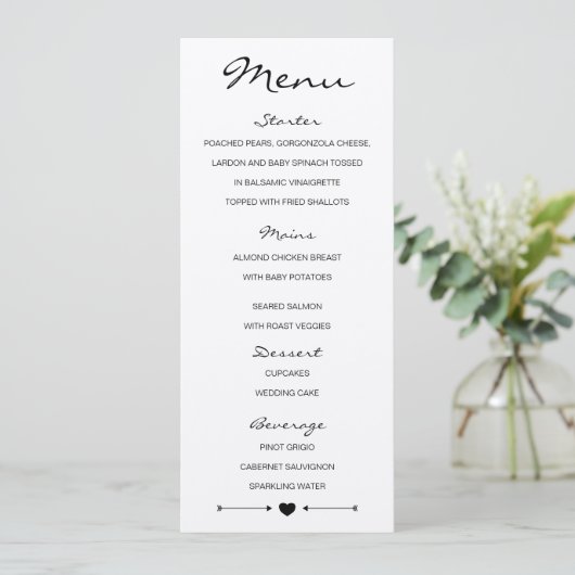 Rustieke romantische bruiloft menu met hart en pij (Staand voorkant)