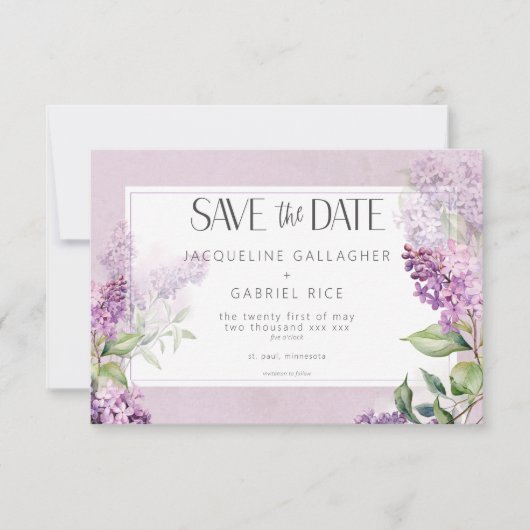 Rustieke Romantische Paarse & Sage Lilacs Bruiloft Save The Date (Voorkant)