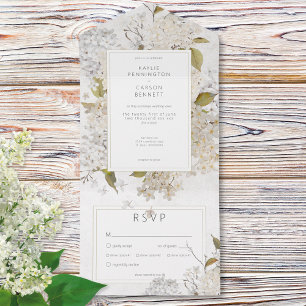 Rustieke romantische witte lila's op wit diner all in one uitnodiging
