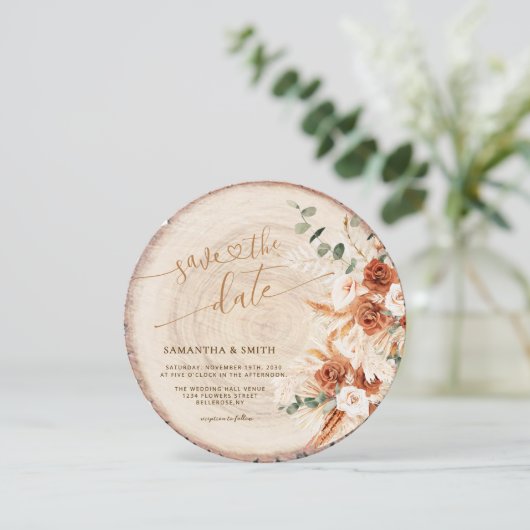 Rustieke Ronde Hout Gesneden Graan Save the Date K Kaart (Staand voorkant)