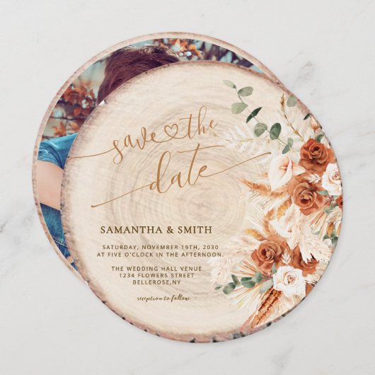 Rustieke Ronde Hout Gesneden Graan Save the Date K Kaart (Voorkant / Achterkant)