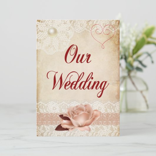 Rustieke Roos en kant bruiloft uitnodiging (Staand voorkant)