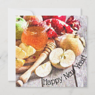 Rustieke Rosh Hashanah Waterverf Appels en Honing Kaart