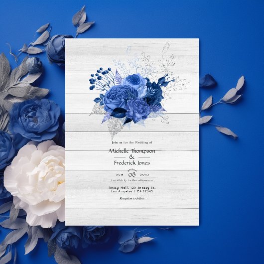 Rustieke Royal Blue & Zilveren Bloemen bruiloft Kaart