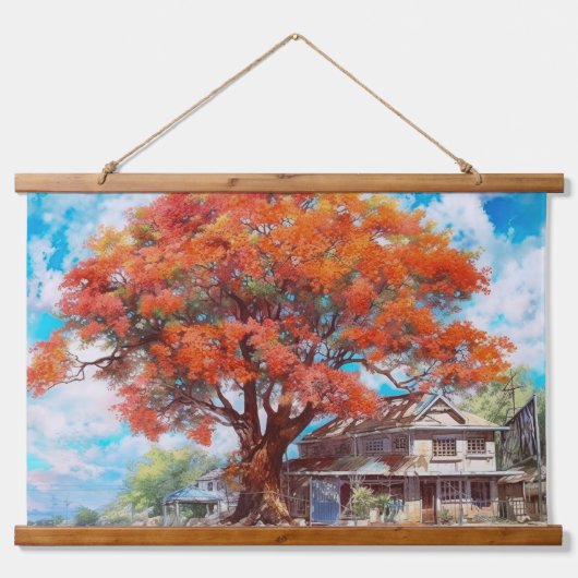 Rustieke Royal Poinciana Tree in Bloom Waterverf Hangend Wandkleed (Voorkant)