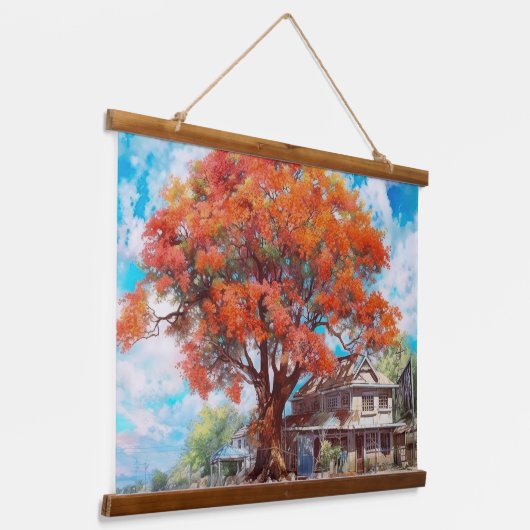 Rustieke Royal Poinciana Tree in Bloom Waterverf Hangend Wandkleed (Gebogen)