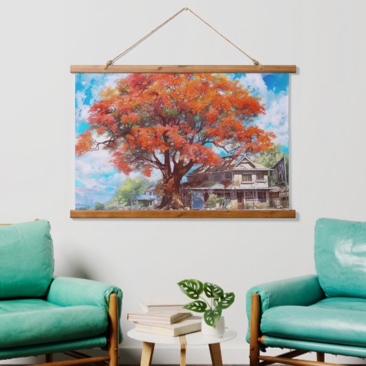 Rustieke Royal Poinciana Tree in Bloom Waterverf Hangend Wandkleed (Woonkamer)