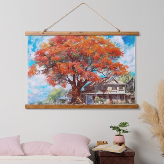Rustieke Royal Poinciana Tree in Bloom Waterverf Hangend Wandkleed (Slaapkamer)