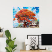 Rustieke Royal Poinciana Tree in Bloom Waterverf Poster (Thuiskantoor)