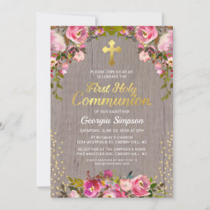 Rustieke Roze Bloem Eerste Heilige Communie Kaart