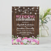 Rustieke roze bloem slingerlichtjes bruiloft kaart (Staand voorkant)