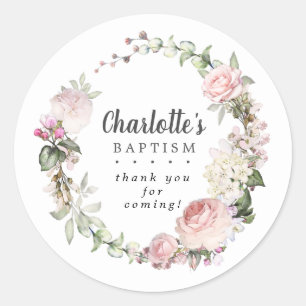 Rustieke Roze Bloemen Doop Dankjewel Ronde Sticker