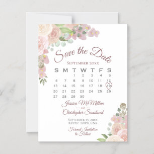 Rustieke Roze Bloemenkalender Bruiloft Save the Da Magnetische Uitnodiging