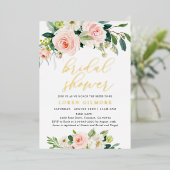 Rustieke Roze Gouden Bloemachtige Bruidsfeest Folie Uitnodiging (Staand Voorkant)